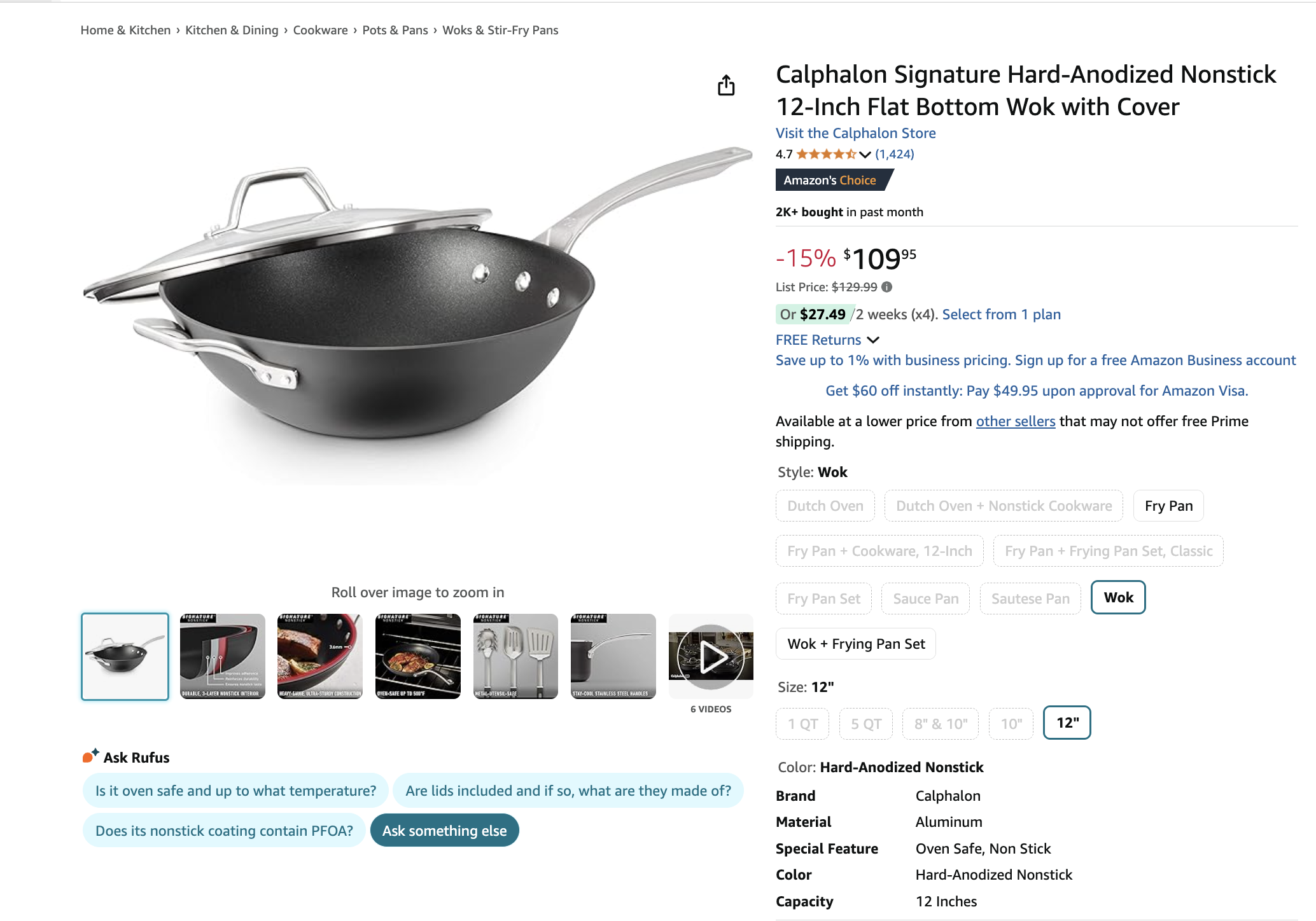 美國亞馬遜上的的 Calphalon 不黏塗層中華炒鍋，這是我本來打算購買的款式